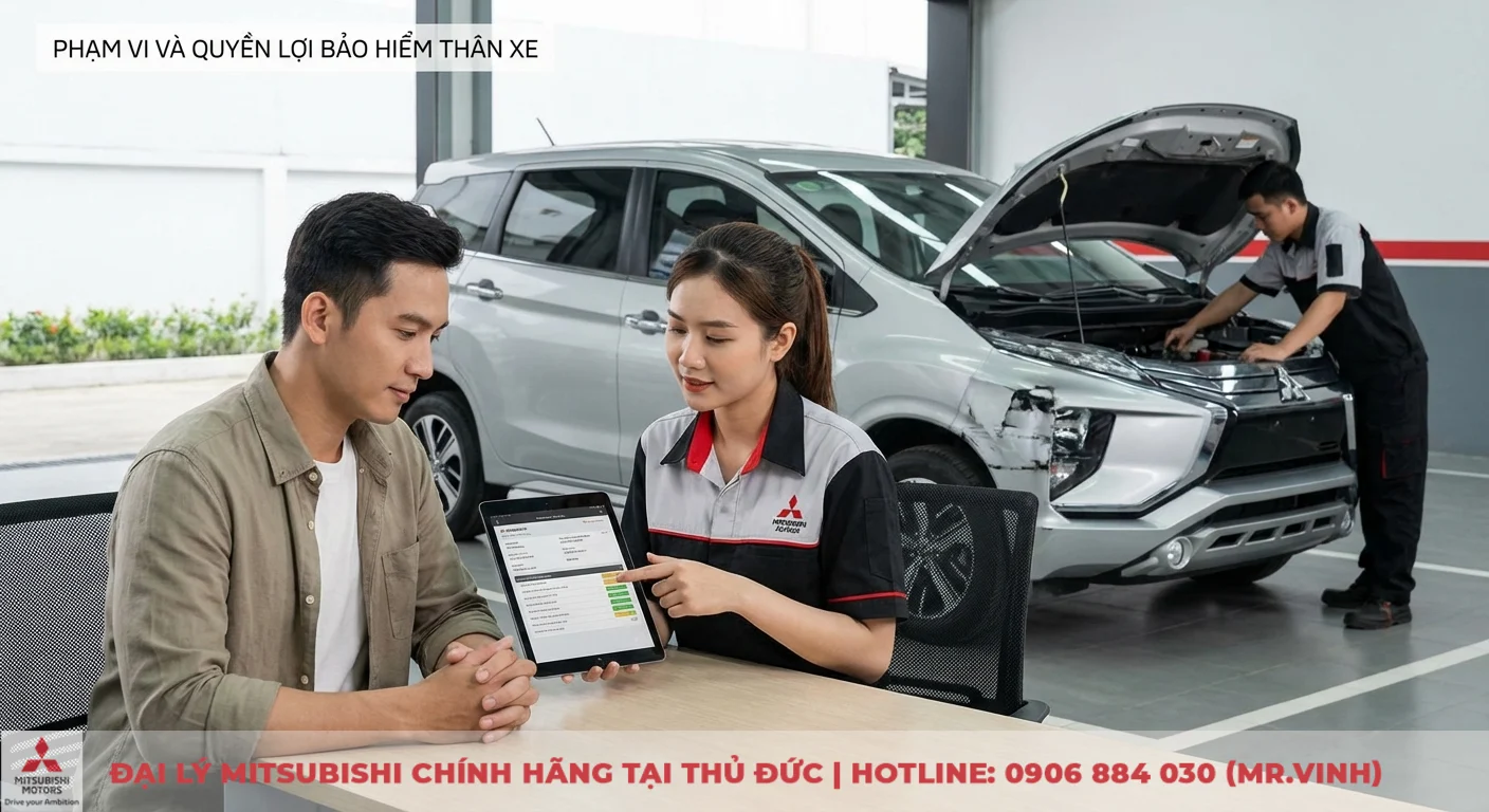 Phạm vi v&agrave; quyền lợi bảo hiểm th&acirc;n xe &ocirc; t&ocirc; được nh&acirc;n vi&ecirc;n dịch vụ tư vấn chi tiết tr&ecirc;n m&aacute;y t&iacute;nh bảng khi xe hư hỏng được kiểm tra tại xưởng