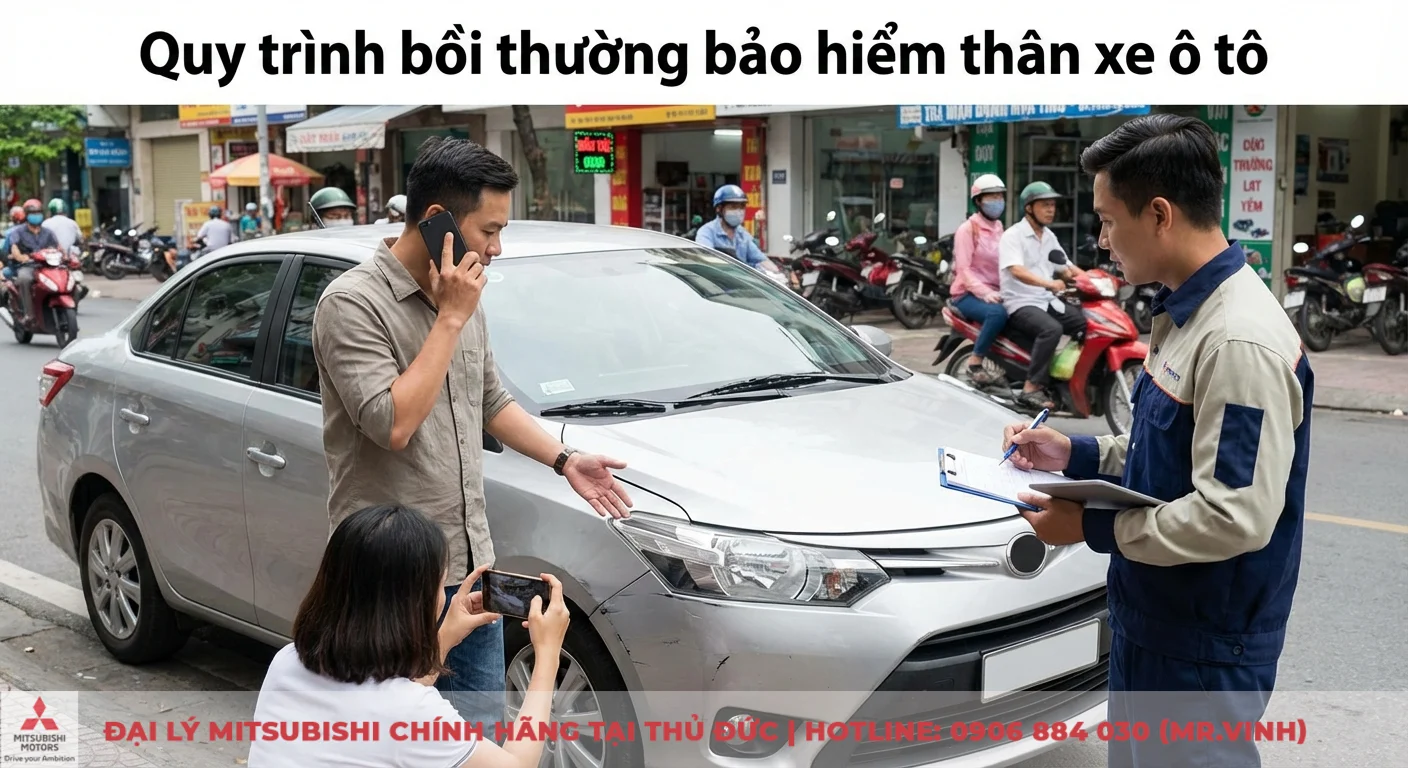 Quy tr&igrave;nh bồi thường bảo hiểm th&acirc;n xe &ocirc; t&ocirc;: gi&aacute;m định vi&ecirc;n kiểm tra thiệt hại xe bị xước, chủ xe gọi điện khai b&aacute;o