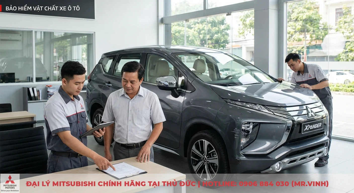 Bảo hiểm vật chất xe &ocirc; t&ocirc; bảo vệ t&agrave;i sản khỏi tổn thất, kh&aacute;ch h&agrave;ng được tư vấn tại showroom Mitsubishi