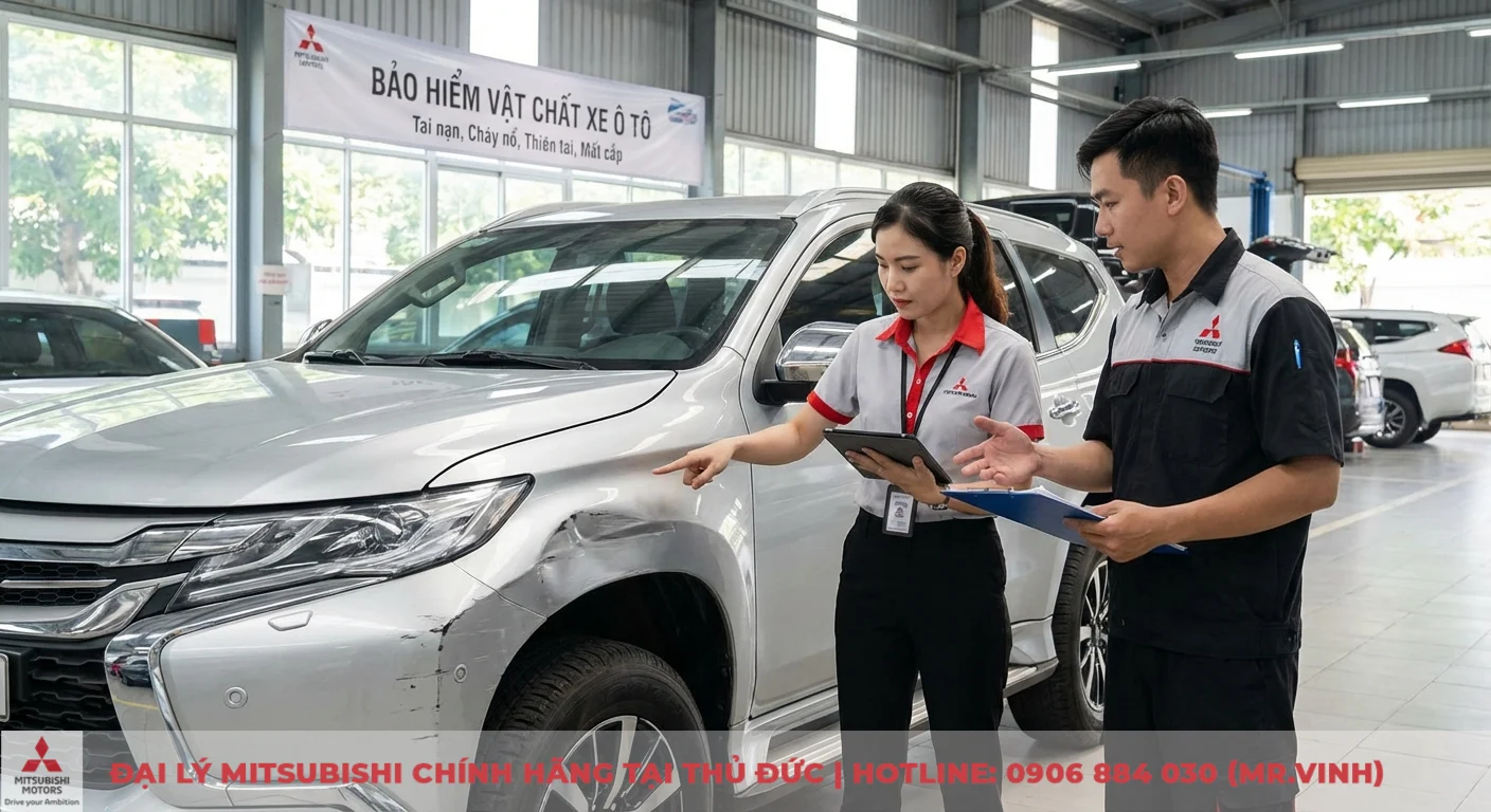 Bảo hiểm vật chất xe ô tô: Định nghĩa, quyền lợi và so sánh TNDS 1 Bảo hiểm vật chất xe ô tô có phạm vi bảo hiểm các rủi ro như tai nạn, đâm va, thể hiện qua chiếc xe Mitsubishi bị hư hại đang được đánh giá