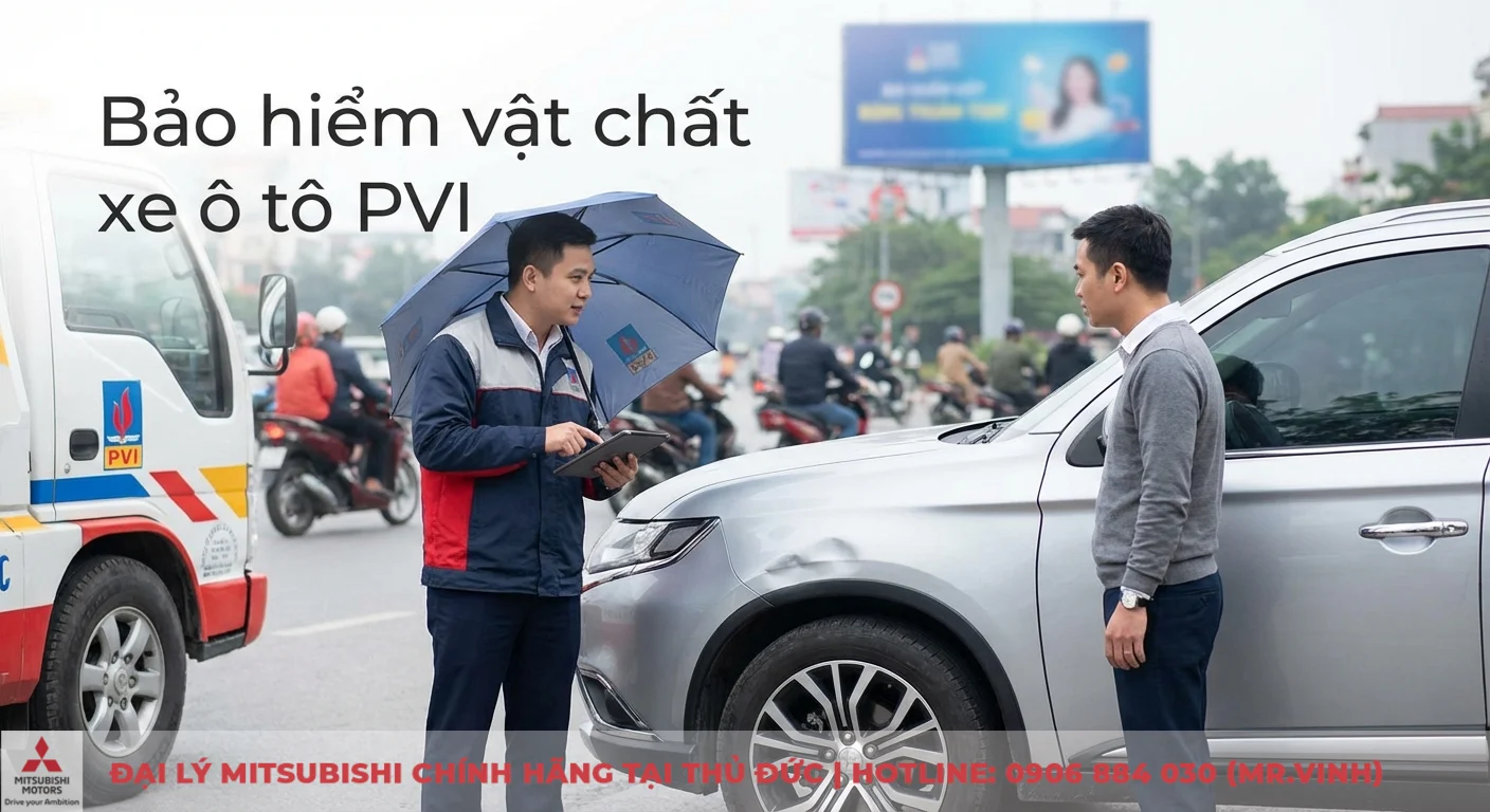 Bảo hiểm vật chất xe ô tô PVI: quyền lợi, hồ sơ, bồi thường 1 Bảo hiểm vật chất xe ô tô PVI chi trả thiệt hại xe do va chạm, thể hiện qua nhân viên PVI giám định chiếc xe bị móp