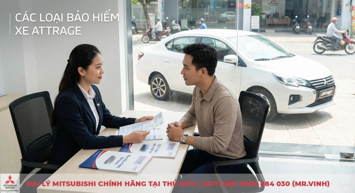 Bảo hiểm xe Attrage: hai loại ch&iacute;nh l&agrave; tr&aacute;ch nhiệm d&acirc;n sự v&agrave; vật chất, được tư vấn vi&ecirc;n giới thiệu cho kh&aacute;ch h&agrave;ng tại showroom