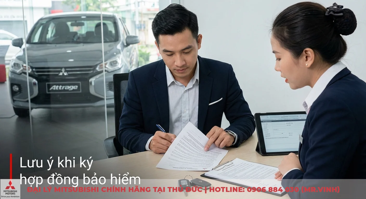 Lưu &yacute; khi k&yacute; hợp đồng bảo hiểm xe Attrage: kh&aacute;ch h&agrave;ng xem kỹ điều khoản tr&ecirc;n hợp đồng giấy c&ugrave;ng tư vấn vi&ecirc;n
