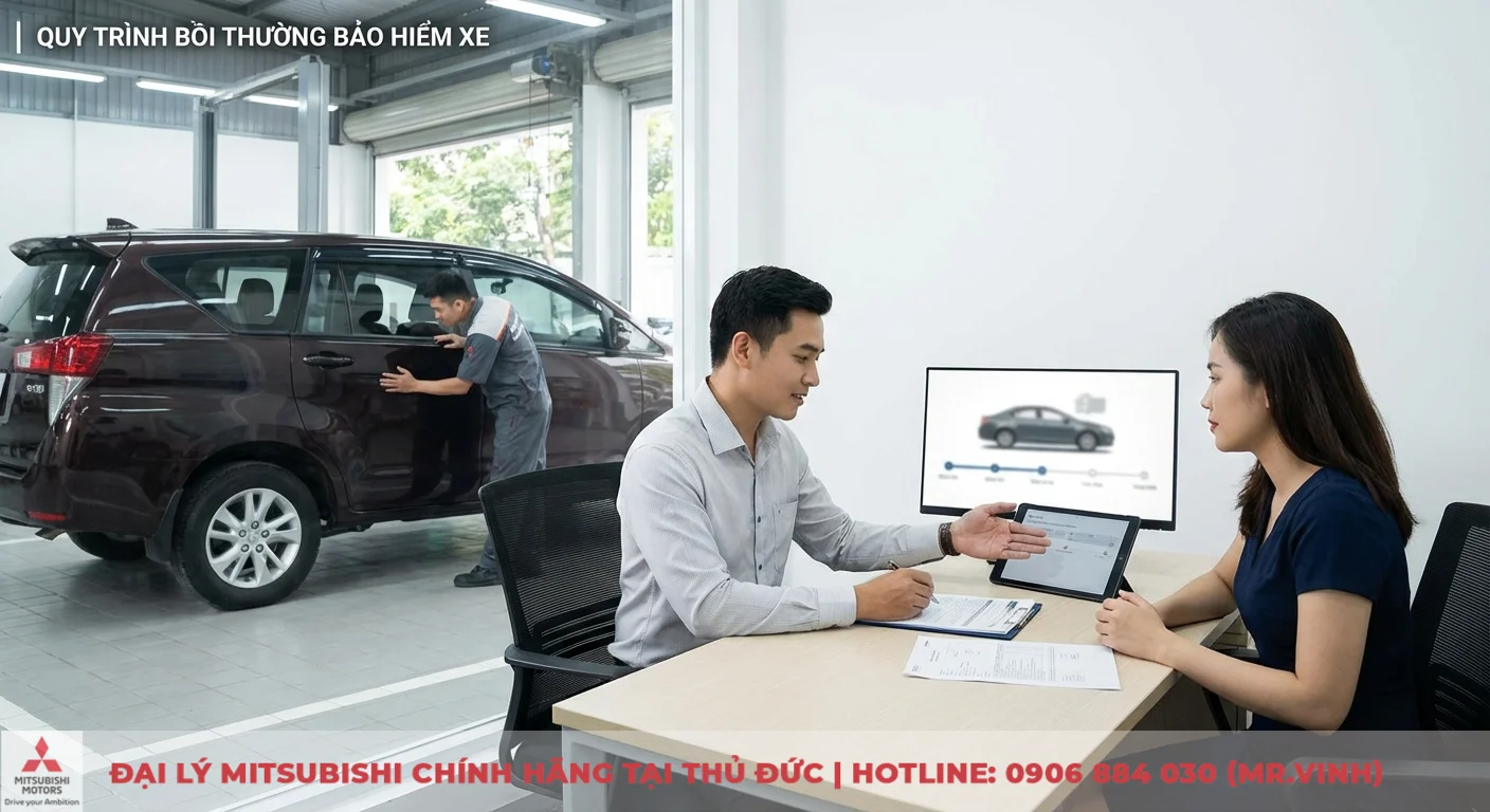 Bảo hiểm xe ô tô 7 chỗ: Quyền lợi, giá, phí bắt buộc và bồi thường 3 Quy trình bồi thường bảo hiểm xe ô tô với kỹ thuật viên giám định xe và tư vấn viên giải thích phương thức bồi thường cho khách hàng