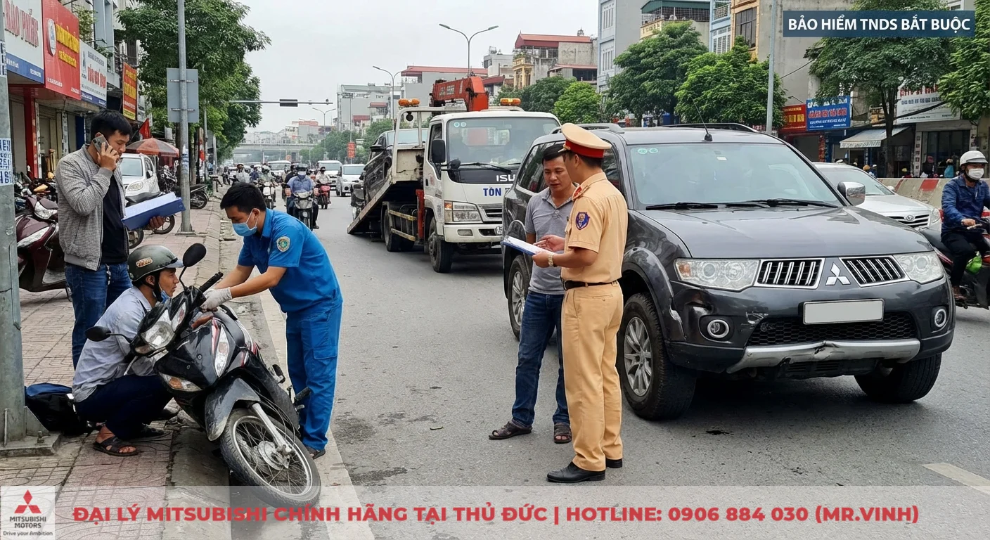 Bảo hiểm bắt buộc xe &ocirc; t&ocirc; chi trả thiệt hại do tai nạn, với cảnh s&aacute;t v&agrave; xe cứu hộ c&oacute; mặt tại hiện trường va chạm xe