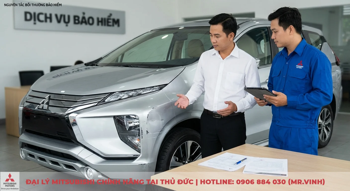 Bảo hiểm xe ô tô đền bù như thế nào? Trường hợp được, loại trừ & quy trình 1 Bảo hiểm xe ô tô bồi thường theo nguyên tắc thiệt hại thực tế từ va chạm, với nhân viên đang kiểm tra và giải thích quy trình