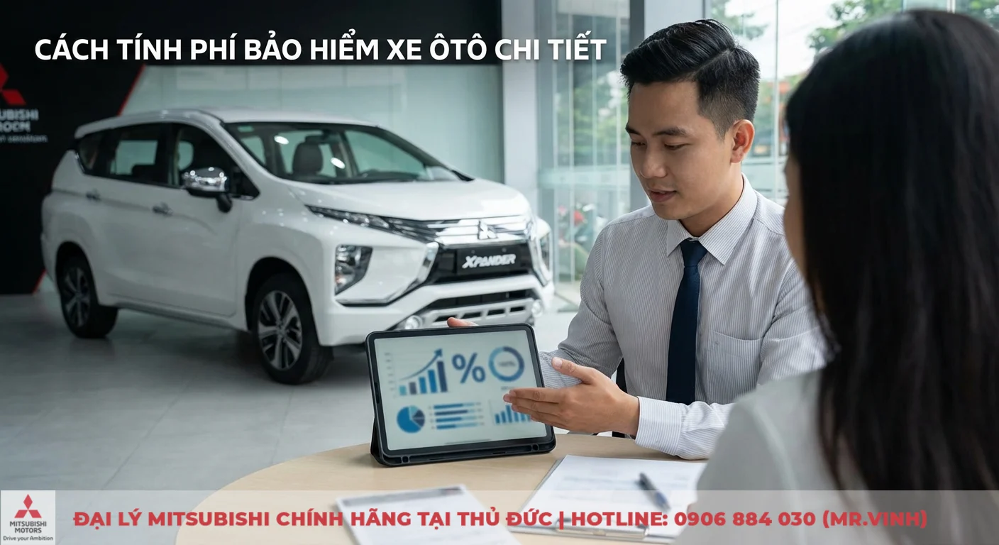Ph&iacute; bảo hiểm xe &ocirc; t&ocirc; được t&iacute;nh to&aacute;n chi tiết dựa tr&ecirc;n c&aacute;c yếu tố, tư vấn vi&ecirc;n đang tr&igrave;nh b&agrave;y dữ liệu tr&ecirc;n m&aacute;y t&iacute;nh bảng với xe Xpander trong nền