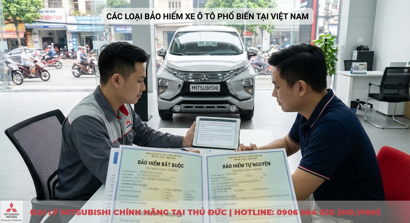 C&aacute;c loại bảo hiểm xe &ocirc; t&ocirc; bắt buộc v&agrave; tự nguyện được nh&acirc;n vi&ecirc;n tư vấn trong showroom, hiển thị r&otilde; tr&ecirc;n t&agrave;i liệu