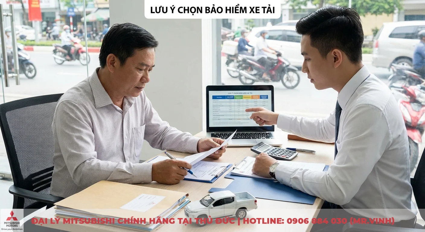 Bảo hiểm xe ô tô tải: Loại hình, quyền lợi và mức phí 3 Chọn bảo hiểm xe ô tô tải, đọc kỹ điều khoản và so sánh gói trên laptop với tư vấn viên