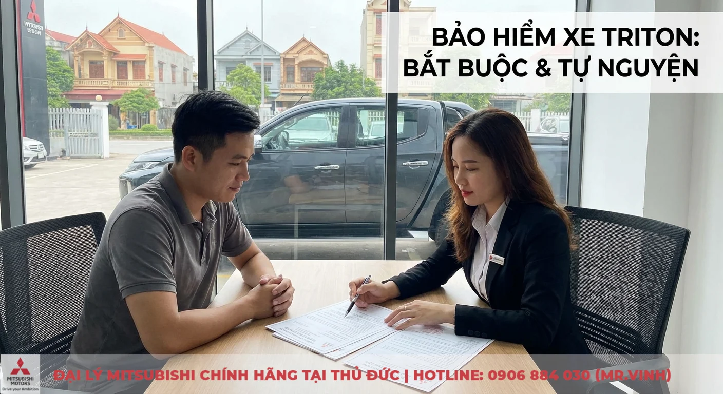 Bảo hiểm xe Triton: Quyền lợi, phí & thủ tục cập nhật 2026 1 Các loại bảo hiểm xe Triton bắt buộc và tự nguyện đang được nhân viên tư vấn kỹ lưỡng qua tài liệu cho khách hàng