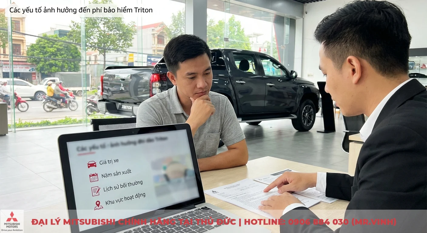 Bảo hiểm xe Triton: Quyền lợi, phí & thủ tục cập nhật 2026 2 Phí bảo hiểm xe Triton được giải thích qua các yếu tố hiển thị trên laptop và tài liệu khi tư vấn khách hàng trong showroom