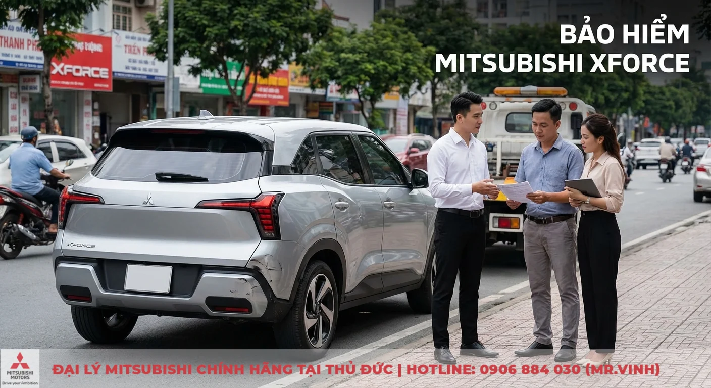 Bảo hiểm xe Xforce: Phí, quyền lợi, báo giá và quy trình bồi thường 1 Bảo hiểm Mitsubishi Xforce giúp giảm gánh nặng tài chính khi xe gặp sự cố, với chuyên viên đang tư vấn về quyền lợi cạnh xe