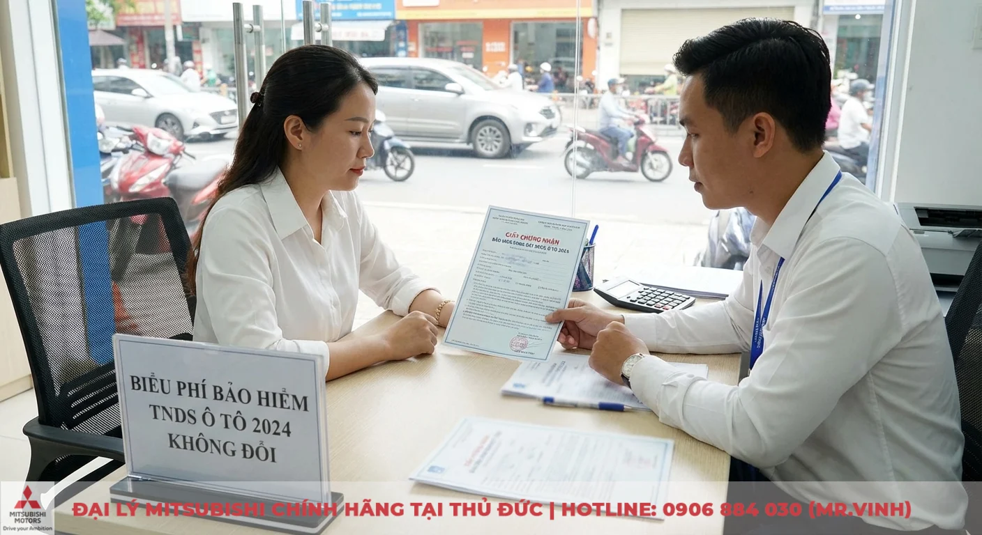 Biểu phí bảo hiểm bắt buộc xe ô tô 2026: bảng phí, cách tính & lưu ý 2 Biểu phí bảo hiểm TNDS ô tô 2024 không đổi, được xác nhận trên bảng thông báo tại bàn tư vấn khách hàng