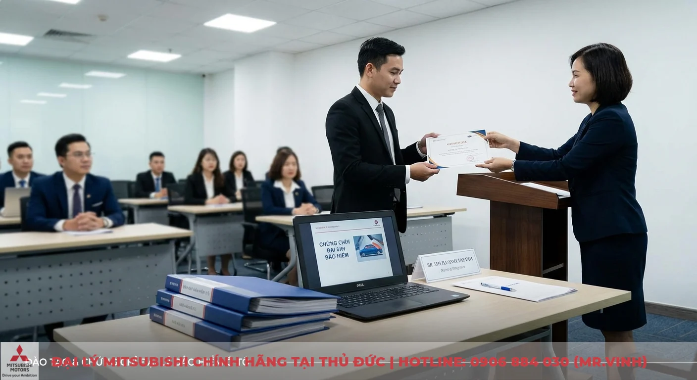 Để trở th&agrave;nh đại l&yacute; bảo hiểm &ocirc; t&ocirc; cần c&oacute; chứng chỉ đại l&yacute;, như người đang nhận chứng chỉ v&agrave; laptop hiển thị th&ocirc;ng tin chứng chỉ