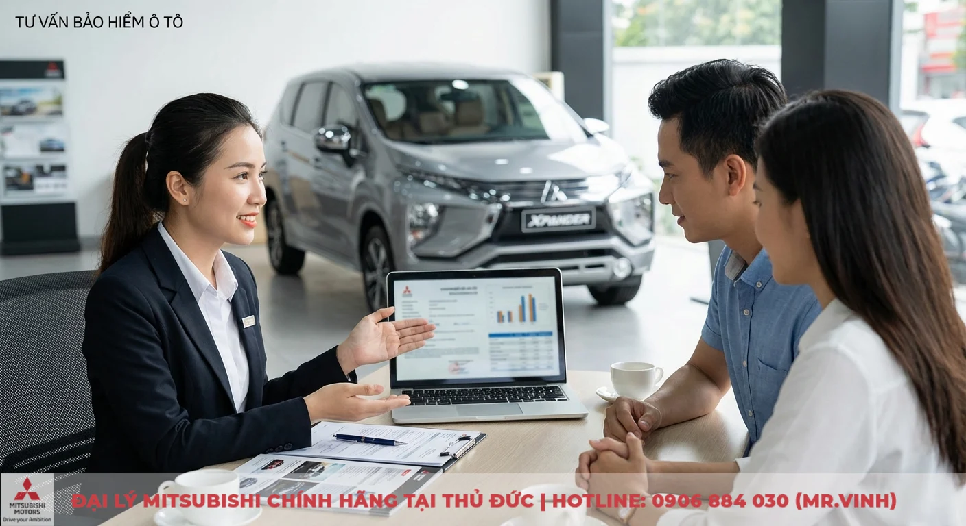 Bảo hiểm ô tô Mitsubishi: Điểm bán gần nhất Thủ Đức, TP.HCM 3 Tư vấn bảo hiểm ô tô: chuyên viên giải đáp thắc mắc, phân tích gói bảo hiểm và mức phí trên laptop tại showroom Mitsubishi