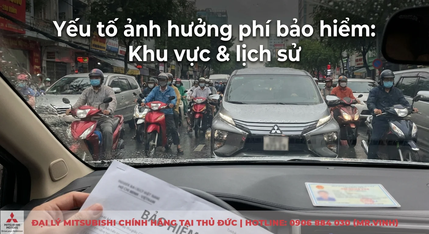 Giá bảo hiểm xe ô tô 5 chỗ: Cập nhật bảng giá & cách tính phí 2026 2 Chi phí bảo hiểm xe ô tô phụ thuộc lịch sử bồi thường và khu vực hoạt động, được minh họa qua tài liệu bảo hiểm và cảnh giao thông đô thị đông đúc
