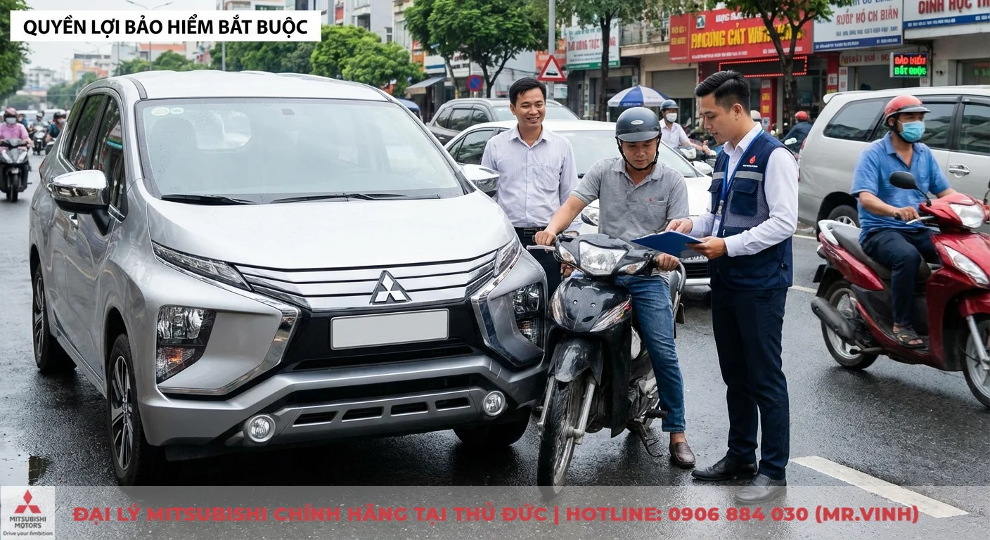 Mua bảo hiểm xe ô tô: quyền lợi, hồ sơ, quy trình bồi thường 2 Quyền lợi bảo hiểm xe ô tô bắt buộc giúp chi trả thiệt hại bên thứ ba trong vụ tai nạn, với đại diện đang xử lý hiện trường