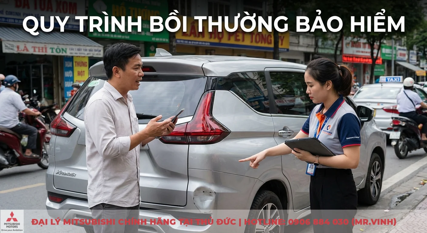 Bảo hiểm xe ô tô: Mua ở đâu, tại đại lý hay online & quy trình bồi thường 3 Quy trình bồi thường bảo hiểm xe ô tô với giám định viên kiểm tra thiệt hại móp xe cùng tài xế sử dụng điện thoại