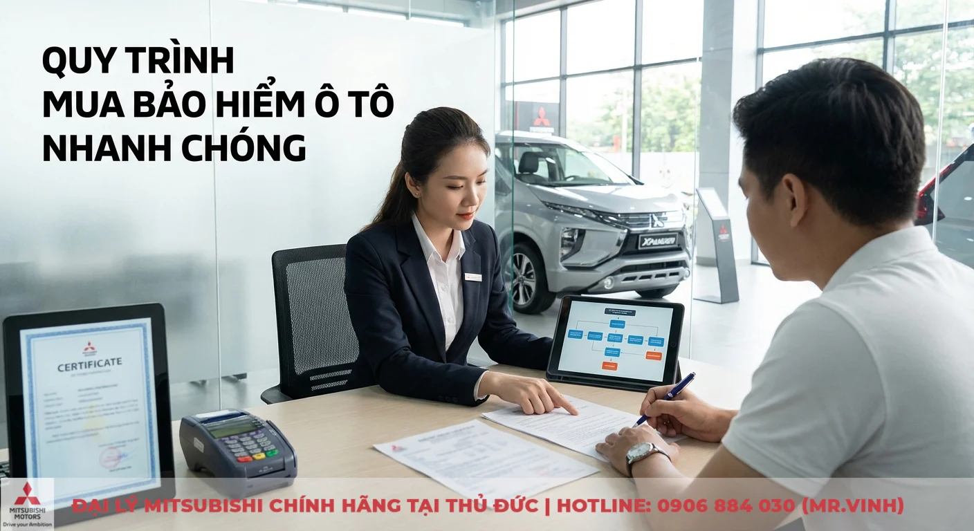 Quy tr&igrave;nh mua bảo hiểm &ocirc; t&ocirc; nhanh ch&oacute;ng tại Mitsubishi Saigon 3S, chuy&ecirc;n vi&ecirc;n hướng dẫn kh&aacute;ch h&agrave;ng k&yacute; hợp đồng v&agrave; nhận chứng nhận