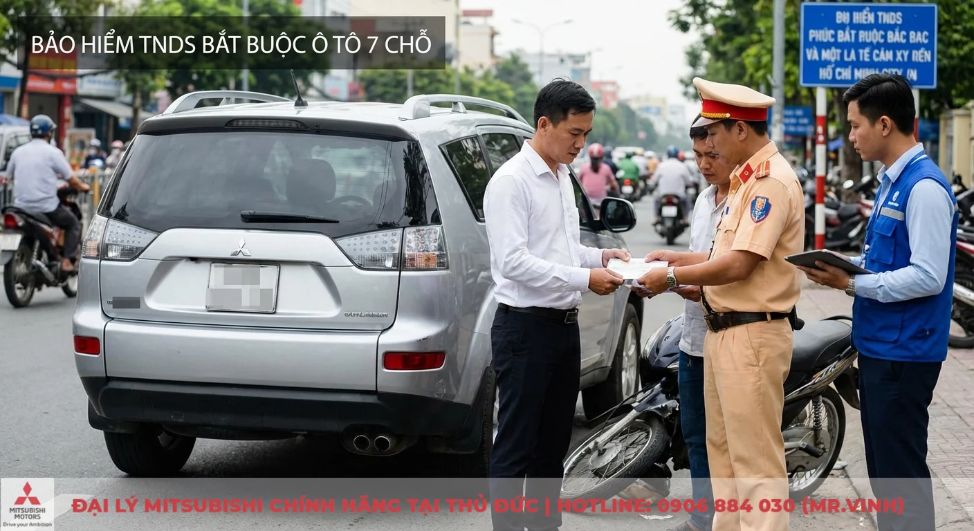 Phí bảo hiểm dân sự ô tô 7 chỗ: Biểu phí & cách mua online 2026 1 Bảo hiểm TNDS bắt buộc ô tô 7 chỗ đảm bảo quyền lợi, tài xế xuất trình giấy tờ cho cảnh sát giao thông sau sự cố