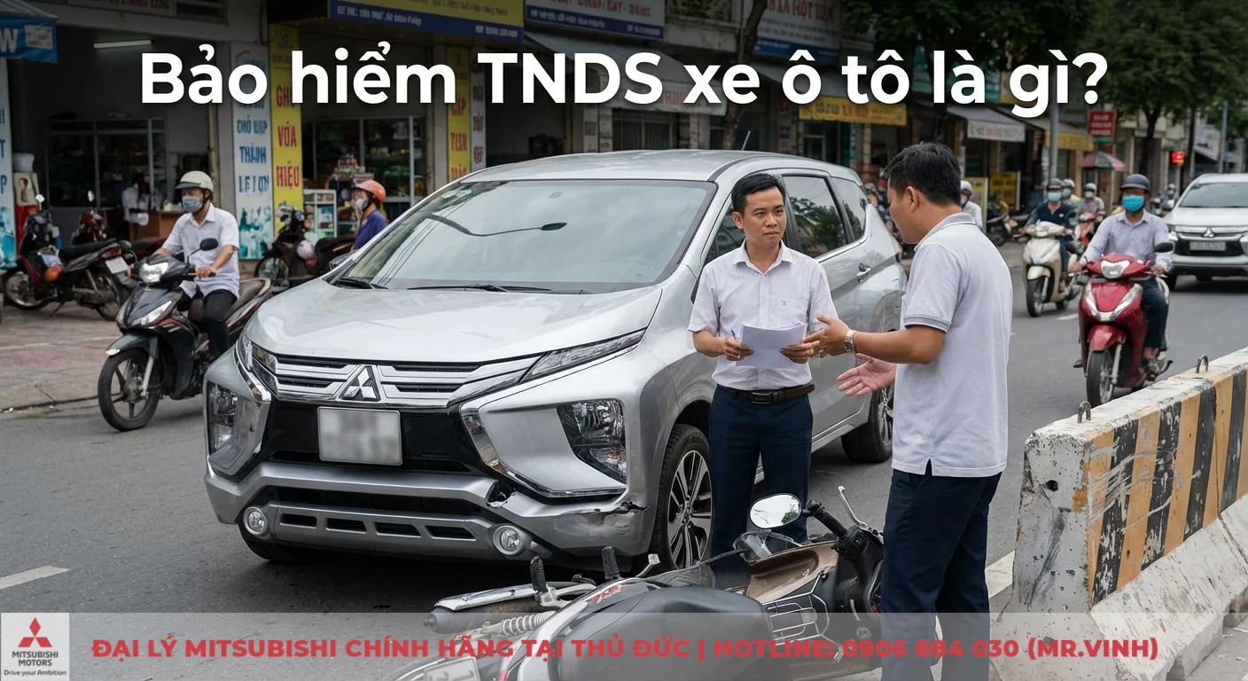 Phí bảo hiểm TNDS xe ô tô bao nhiêu? Biểu phí mới nhất 2026 1 Bảo hiểm TNDS xe ô tô bồi thường thiệt hại cho bên thứ ba trong vụ tai nạn xe hơi và xe máy, hai người đang làm việc với giấy tờ