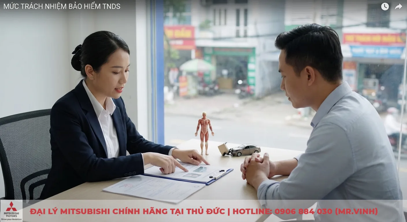 Phí bảo hiểm TNDS xe ô tô bao nhiêu? Biểu phí mới nhất 2026 2 Mức trách nhiệm bảo hiểm TNDS chi trả thiệt hại về người và tài sản được giải thích bằng tài liệu, mô hình người và xe tai nạn