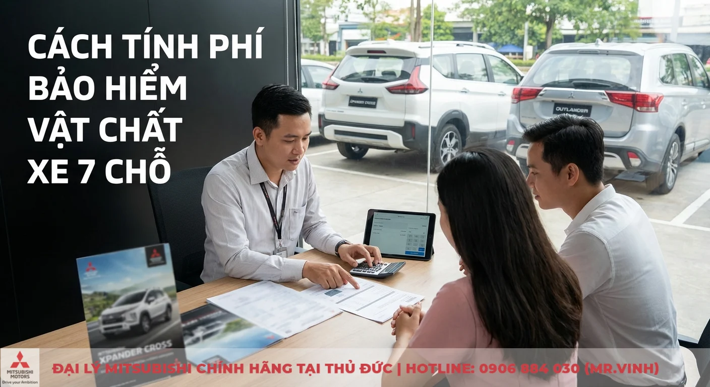 Phí bảo hiểm xe ô tô 7 chỗ: cách tính và mức phí 1 năm, cập nhật 2026 2 Cách tính phí bảo hiểm vật chất xe 7 chỗ được nhân viên tư vấn cụ thể trên tài liệu, máy tính, với các mẫu xe Mitsubishi 7 chỗ.