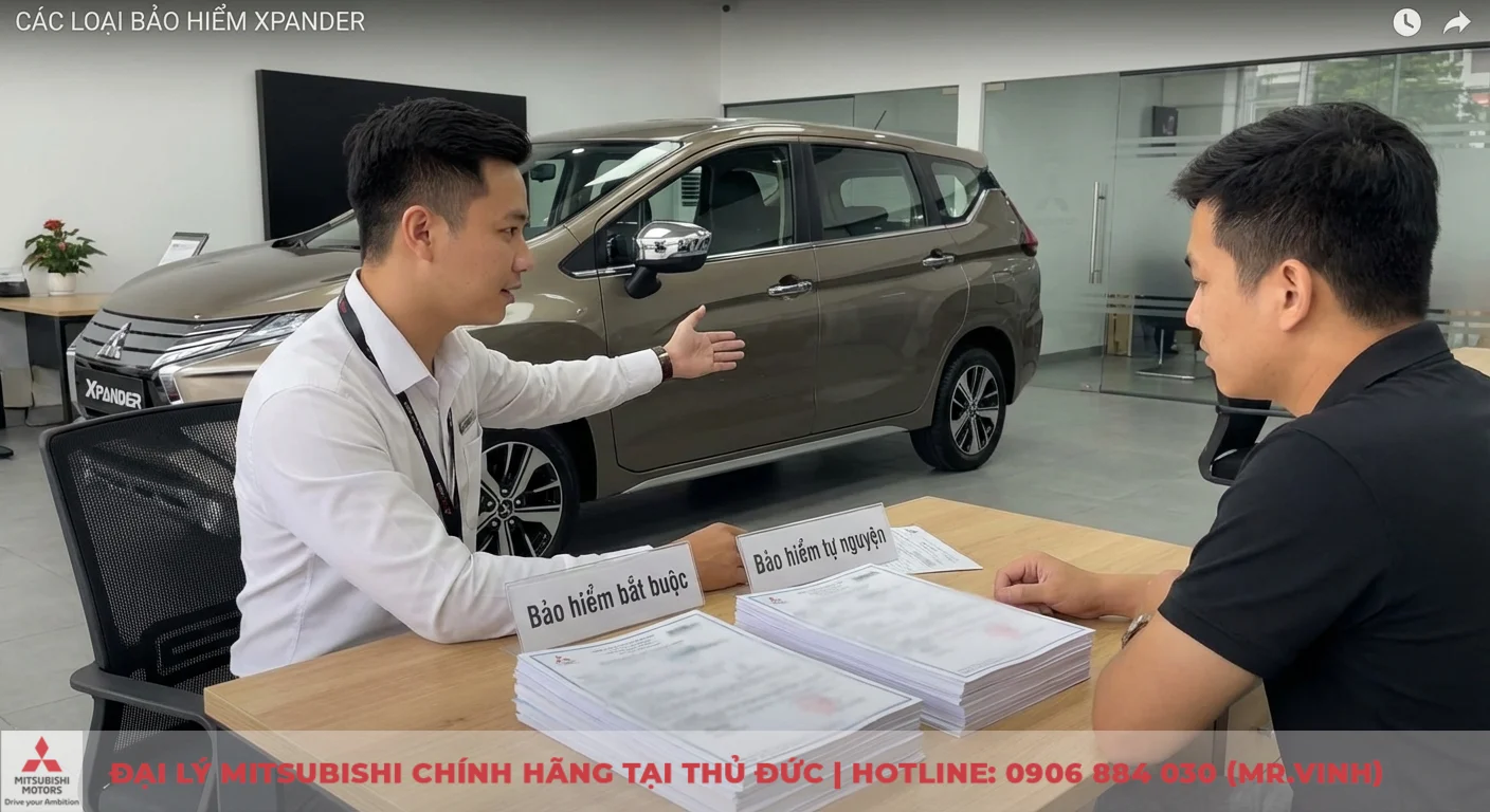 Phí bảo hiểm xe Xpander: Cách tính, loại bắt buộc & thân vỏ cập nhật 2026 1 Tư vấn các loại bảo hiểm xe Xpander, bao gồm bảo hiểm bắt buộc và tự nguyện, với các bộ hợp đồng trên bàn tại showroom
