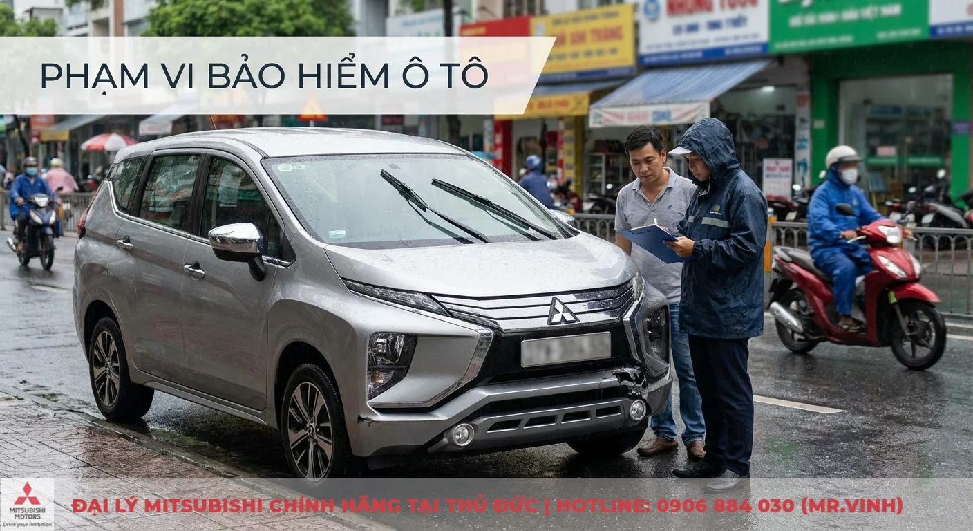 Phạm vi bảo hiểm &ocirc; t&ocirc; bao gồm hư hỏng do tai nạn, c&oacute; nh&acirc;n vi&ecirc;n bảo hiểm đang ghi nhận hiện trường xe bị va chạm nhẹ