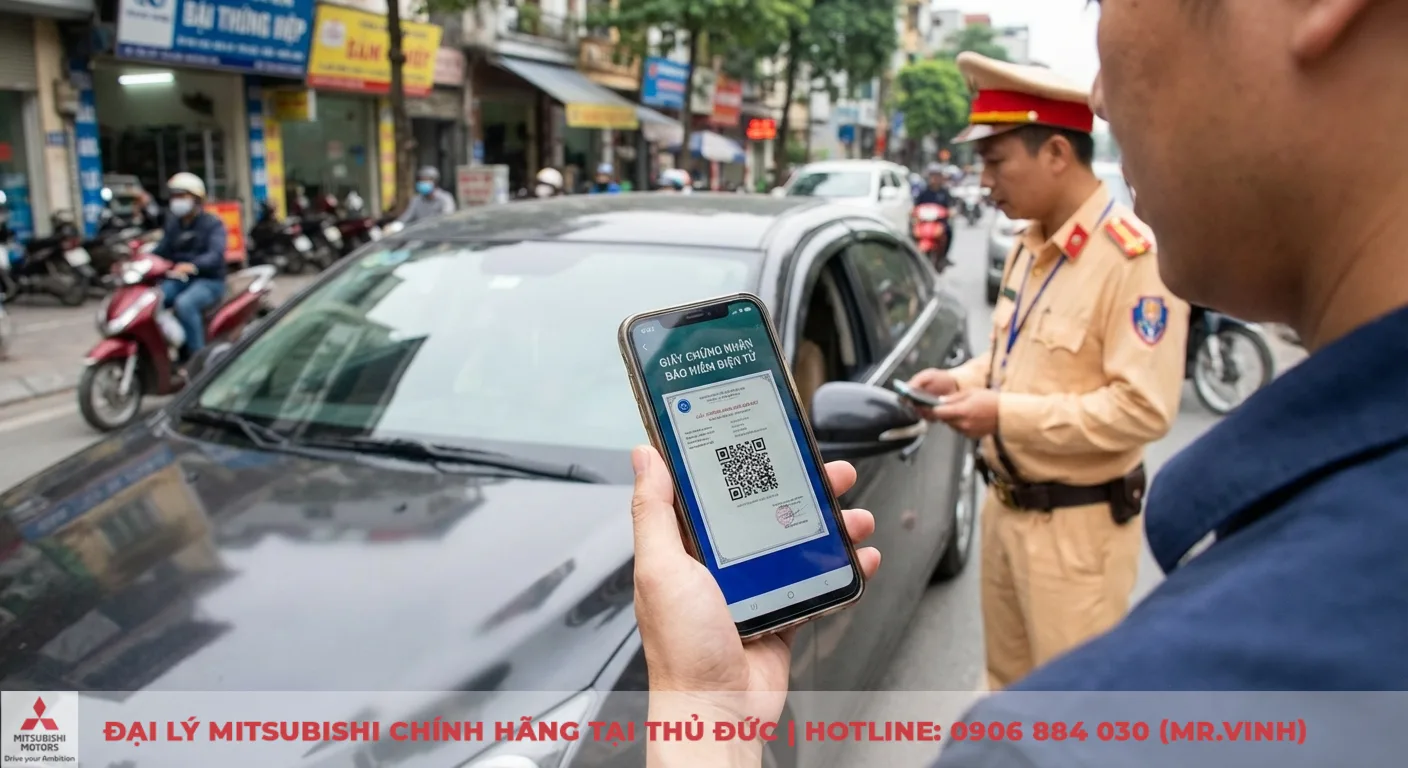 Giấy chứng nhận bảo hiểm điện tử hiển thị tr&ecirc;n điện thoại với m&atilde; QR được cảnh s&aacute;t giao th&ocirc;ng kiểm tra hiệu lực