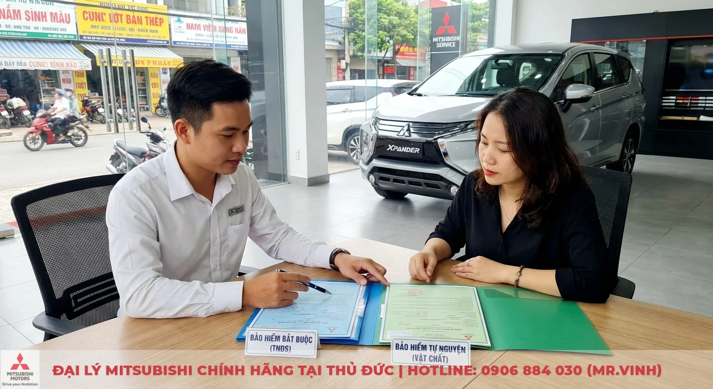 Bảo hiểm xe &ocirc; t&ocirc; ph&acirc;n loại bắt buộc TNDS v&agrave; tự nguyện vật chất được tư vấn tại showroom c&oacute; xe Mitsubishi Xpander