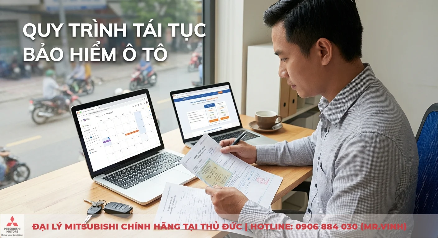 Quy tr&igrave;nh t&aacute;i tục bảo hiểm &ocirc; t&ocirc; cần l&ecirc;n kế hoạch thời gian v&agrave; chuẩn bị hồ sơ, thể hiện qua người xem t&agrave;i liệu v&agrave; lịch tr&ecirc;n laptop