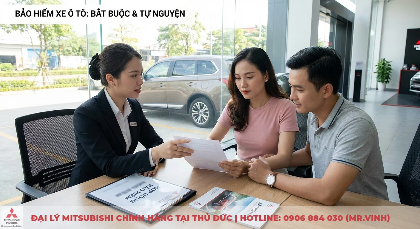 Bảo hiểm xe &ocirc; t&ocirc; gồm bắt buộc v&agrave; tự nguyện được tư vấn chi tiết cho kh&aacute;ch h&agrave;ng qua t&agrave;i liệu, hợp đồng tại showroom