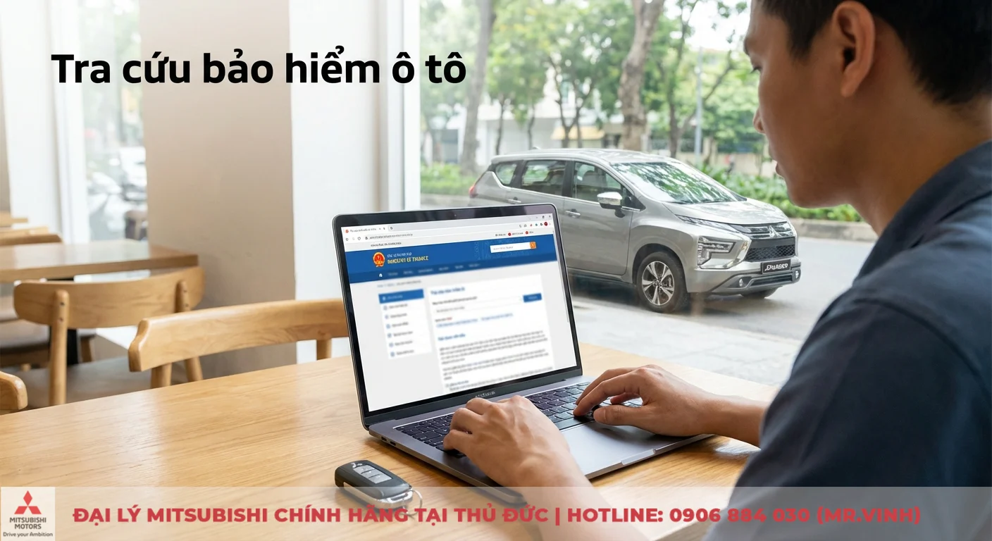 Tra cứu bảo hiểm xe ô tô: Hướng dẫn online, hiệu lực & thời hạn cập nhật 2026 2 Tra cứu bảo hiểm ô tô qua cổng Bộ Tài chính trên laptop, có chìa khóa xe và ô tô đỗ bên ngoài