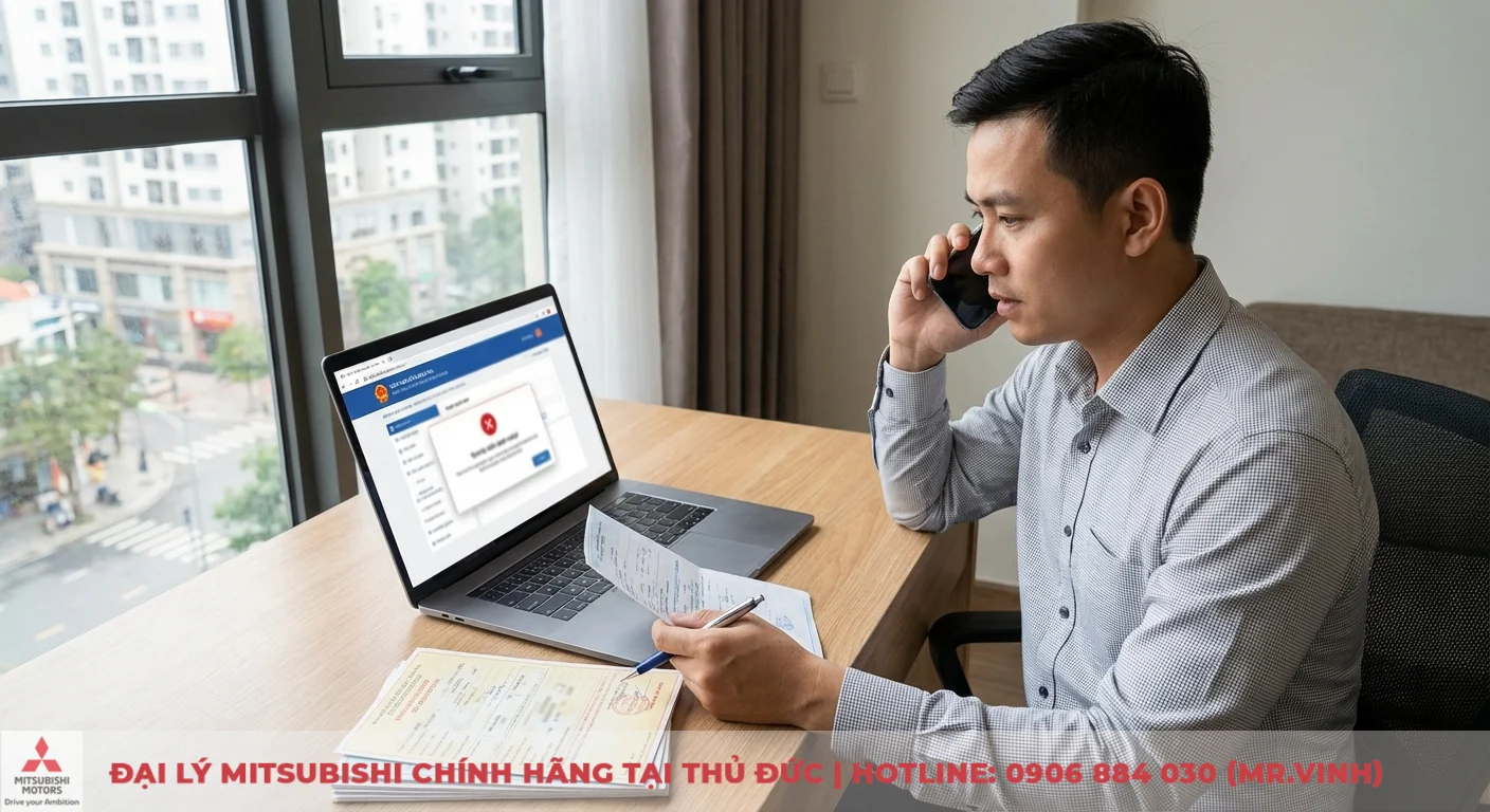 Xử l&yacute; khi tra cứu bảo hiểm xe &ocirc; t&ocirc; kh&ocirc;ng th&agrave;nh c&ocirc;ng, người đ&agrave;n &ocirc;ng gọi điện hỗ trợ với lỗi tr&ecirc;n laptop v&agrave; giấy tờ li&ecirc;n quan