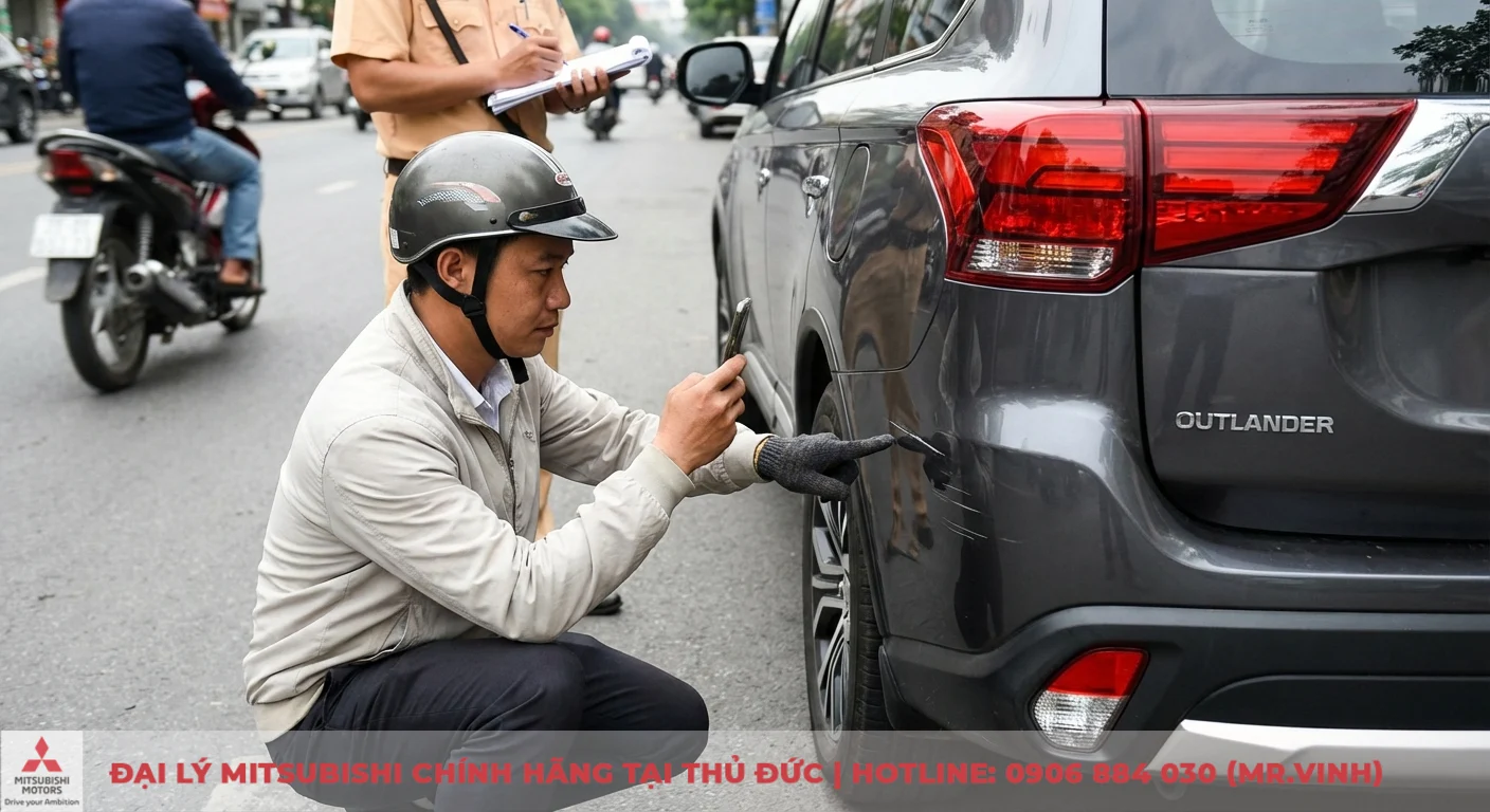Xe ô tô bị trầy xước bảo hiểm thân vỏ: Hướng dẫn thủ tục, hồ sơ 2 Xử lý sự cố trầy xước xe ô tô bằng cách chụp ảnh hiện trường chi tiết vết xước trên đuôi xe Mitsubishi Outlander