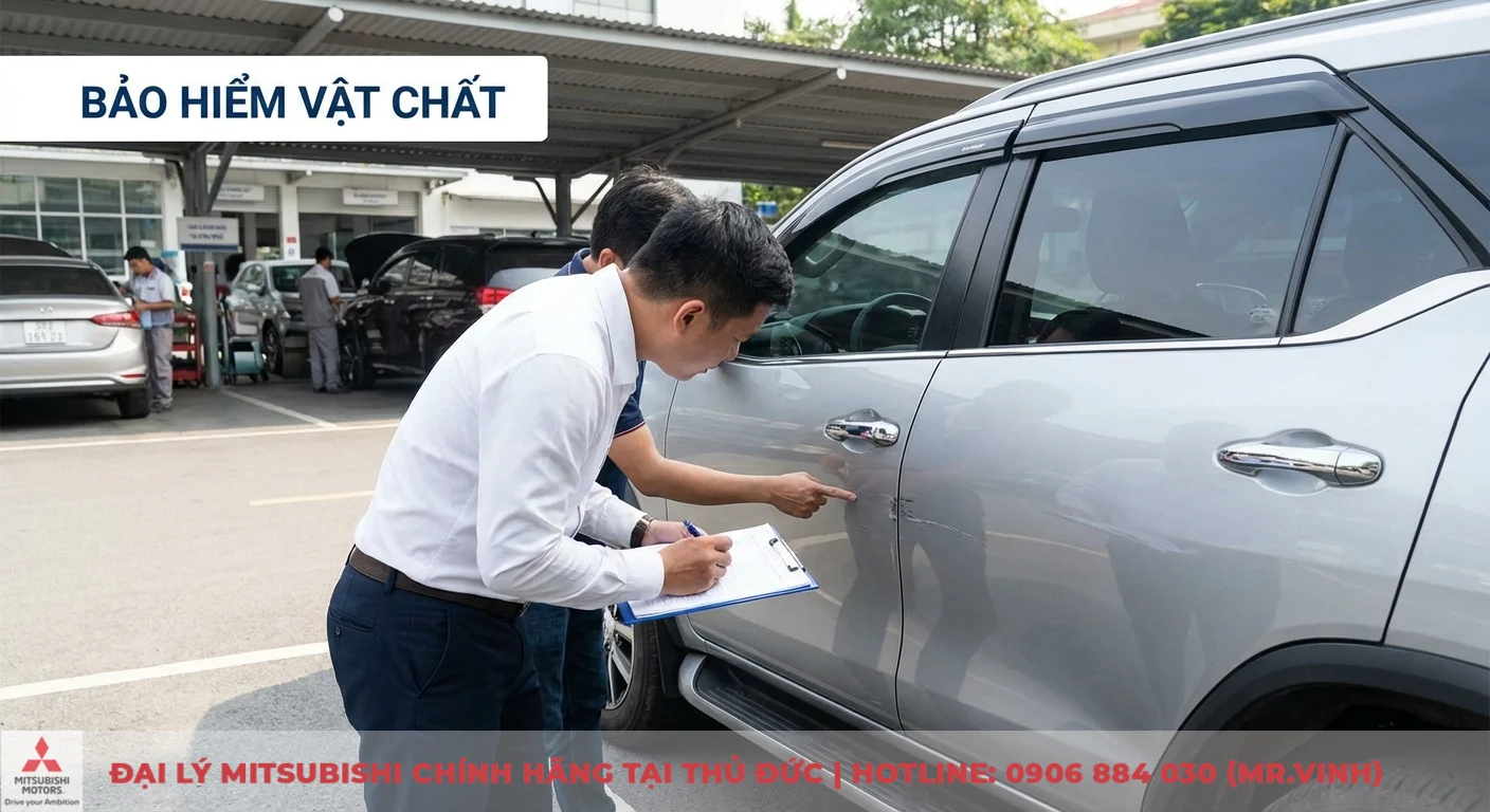 Bảo hiểm vật chất xe &ocirc; t&ocirc; l&agrave; nền tảng quyền lợi khi xe bị xước, với chuy&ecirc;n vi&ecirc;n đang kiểm tra v&agrave; ghi nhận thiệt hại vật chất tr&ecirc;n th&acirc;n xe
