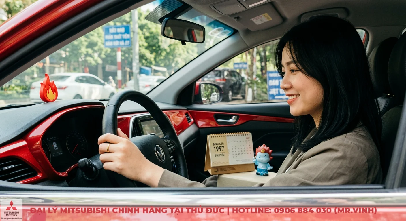 Mua xe màu gì cho tuổi Đinh Sửu? Chọn Mitsubishi hợp mệnh Hỏa, tài lộc 1 Người tuổi Đinh Sửu 1997 thuộc mệnh Hỏa, với lịch để bàn hiển thị năm 1997 và biểu tượng lửa trong xe