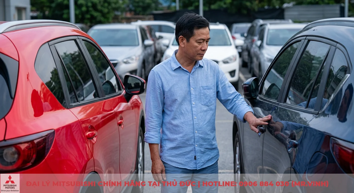 Mậu Dần mua xe màu gì: Hợp mệnh, hút tài lộc và bình an 3 Yếu tố an toàn và tính ứng dụng của màu xe được minh họa bởi người đàn ông giữa xe đỏ sáng và xe tối, nhấn mạnh tầm quan trọng của màu sắc