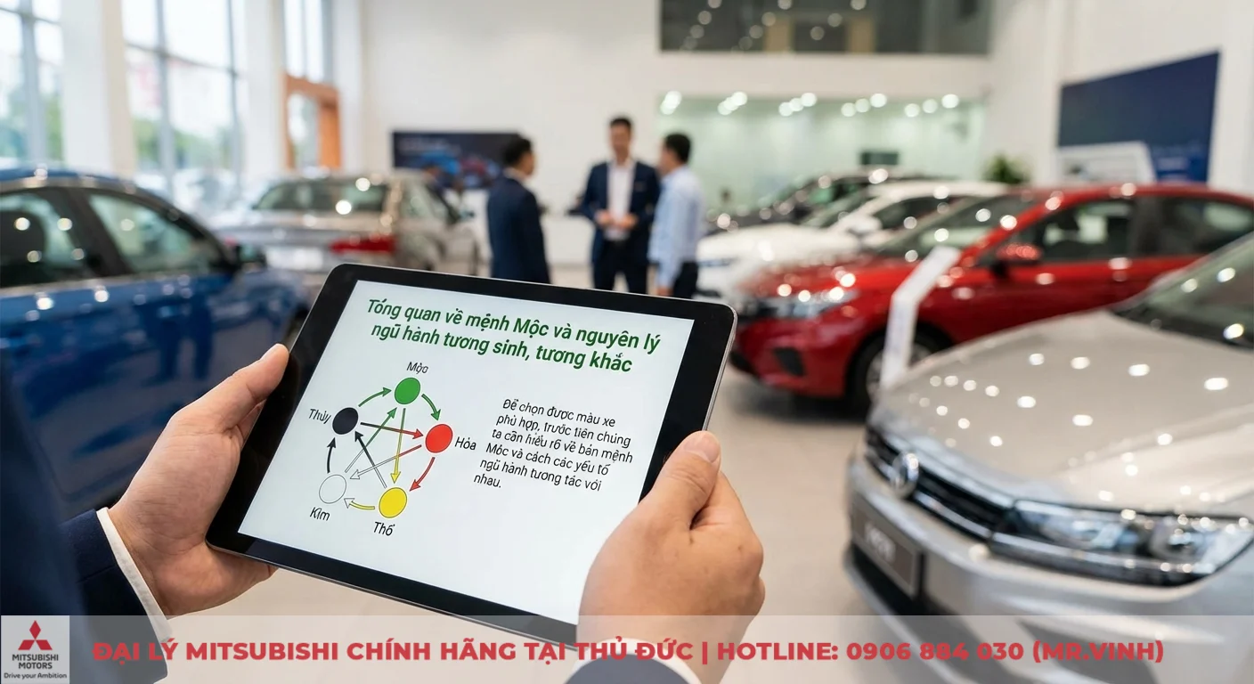 Người mệnh Mộc mua xe ô tô màu gì hợp phong thủy? 1 Mệnh Mộc và nguyên lý ngũ hành tương sinh, tương khắc hiển thị trên máy tính bảng giúp khách hàng chọn màu xe phù hợp tại showroom