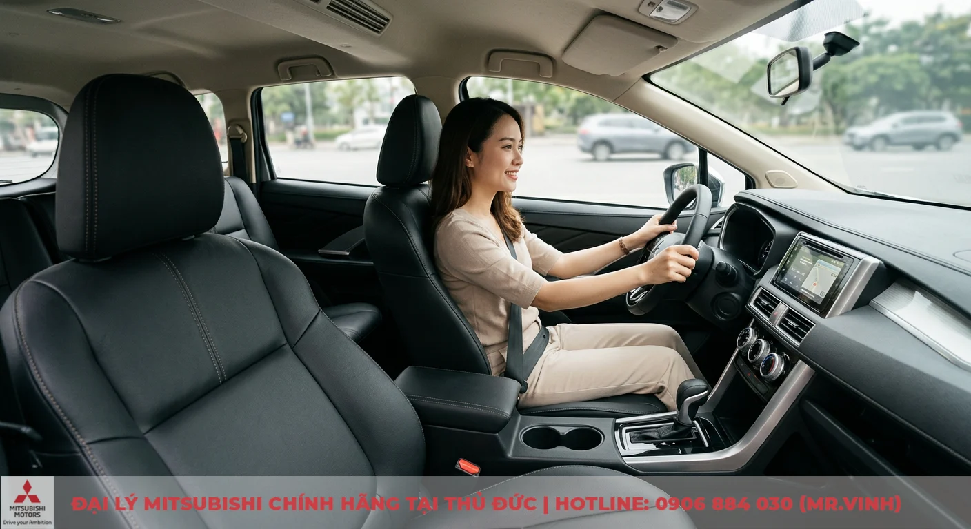 So sánh các phiên bản Mitsubishi Xpander: MT, AT, AT Premium & Cross cập nhật 2026 2 Khoang lái và ghế ngồi Xpander cao cấp với ghế bọc da, vô lăng tích hợp nút điều khiển cho trải nghiệm tiện nghi