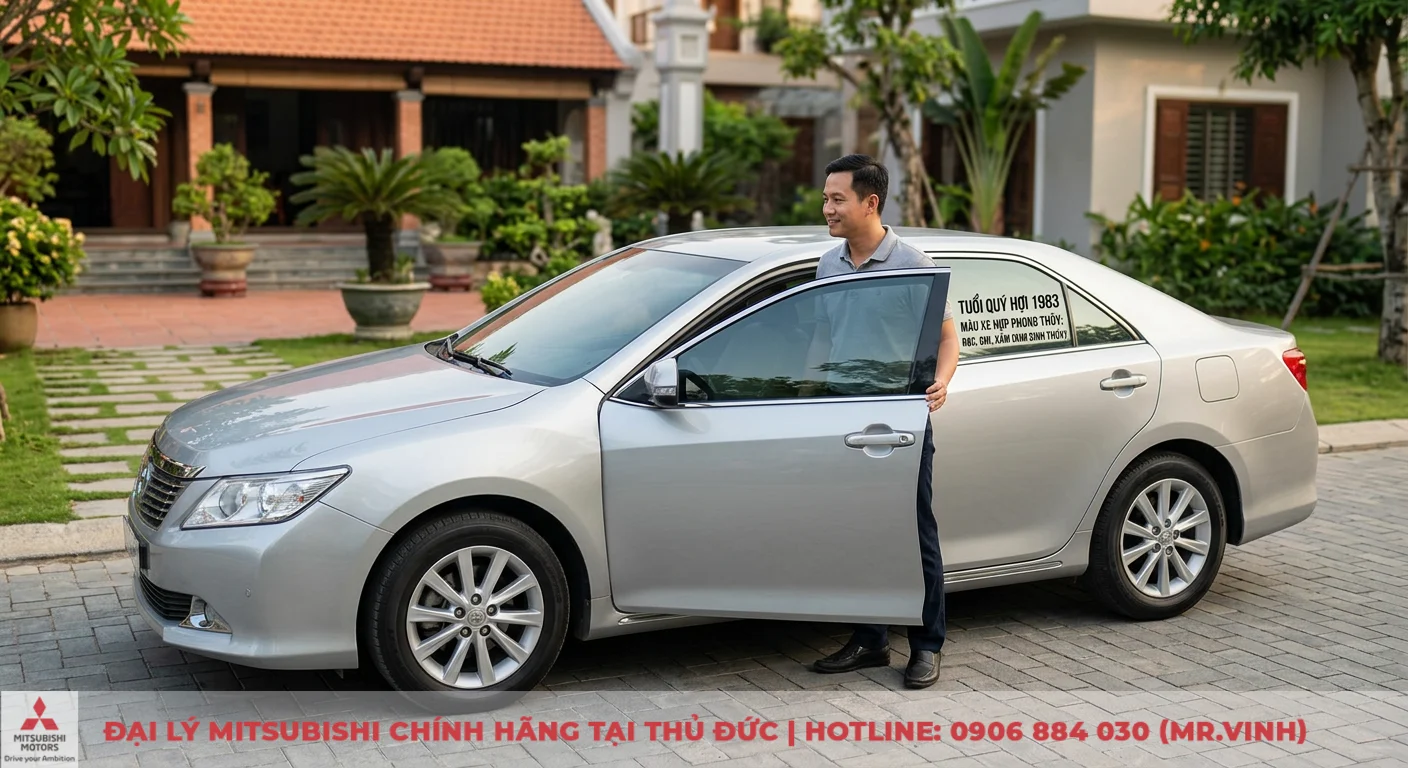 Nam nữ tuổi Quý Hợi mua xe ô tô màu gì hợp phong thủy, thu hút tài lộc? 2 Màu xe hợp phong thủy cho tuổi Quý Hợi 1983 là bạc, ghi, xám, thể hiện qua chiếc xe bạc có ghi chú mệnh trên kính