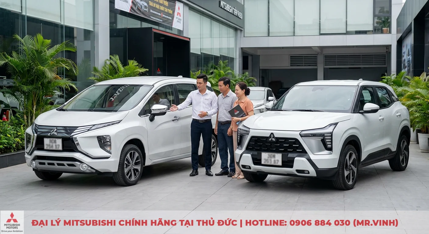Tuổi Nhâm Thân mua xe màu gì hợp phong thủy, mang lại may mắn? 2 Các dòng xe Mitsubishi như Xpander và XFORCE màu trắng phù hợp phong thủy, đang được nhân viên tư vấn cho khách hàng tại showroom