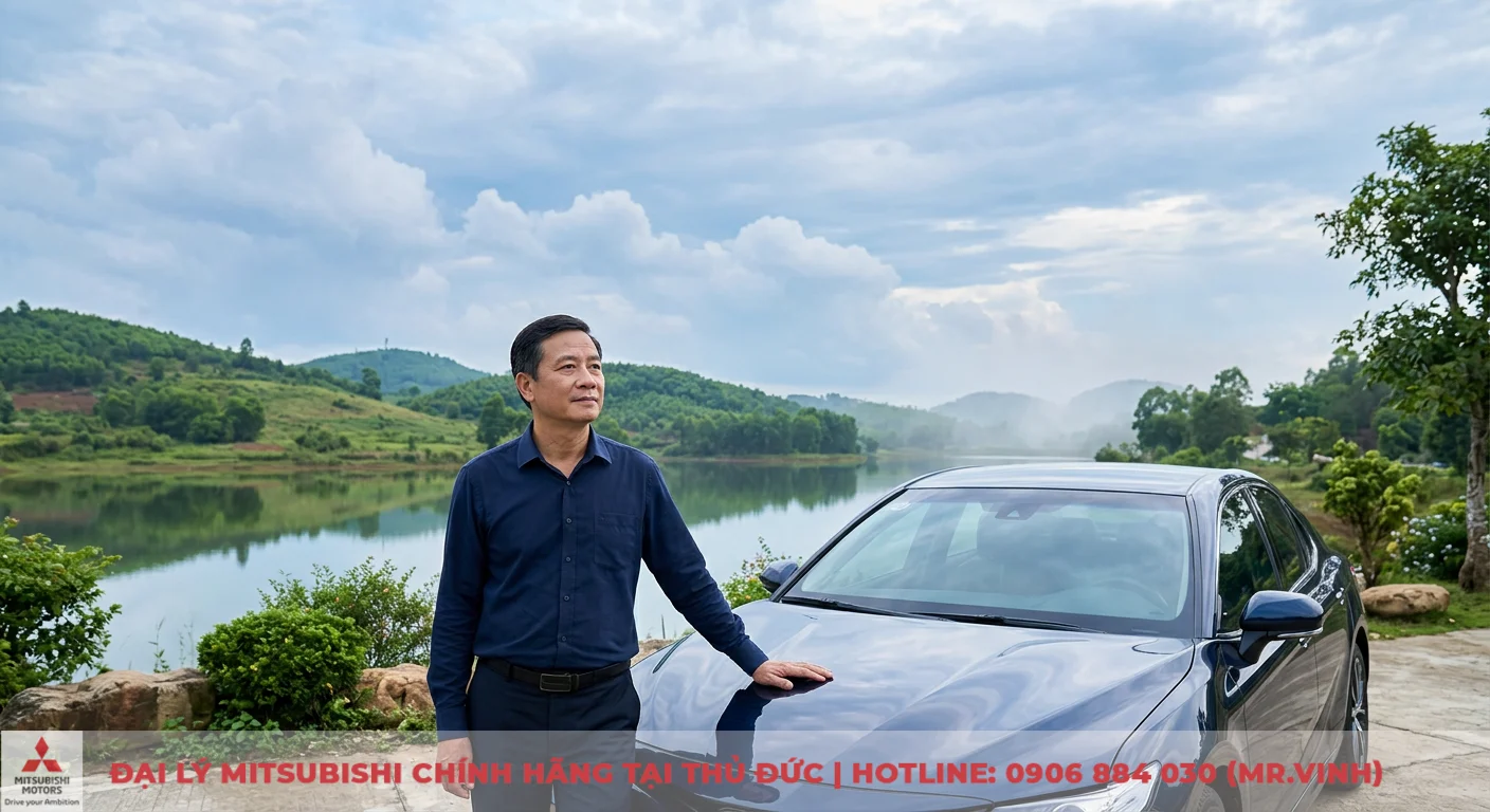 Tuổi Đinh Mùi mua xe màu gì hợp phong thủy: chọn xe Mitsubishi 1 Người tuổi Đinh Mùi (1967) chọn màu xe phong thủy như chiếc xe xanh đậm bên hồ nước để tăng cường vận mệnh