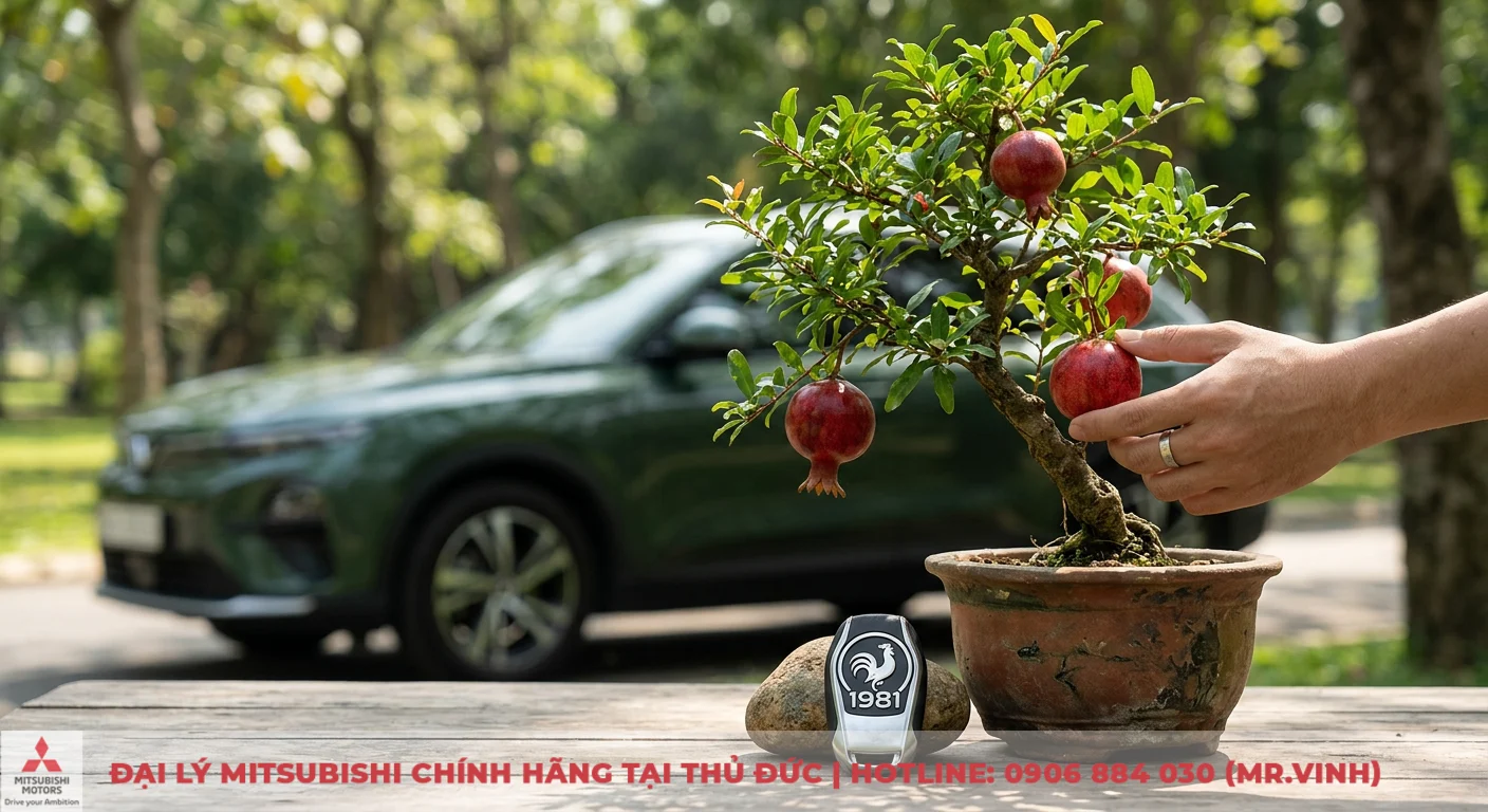 Người tuổi Tân Dậu mua xe hợp màu gì: hướng dẫn chọn màu phong thủy 1 Mệnh Thạch Lựu Mộc của người sinh năm Tân Dậu 1981 qua cây lựu bonsai và chìa khóa xe có biểu tượng gà