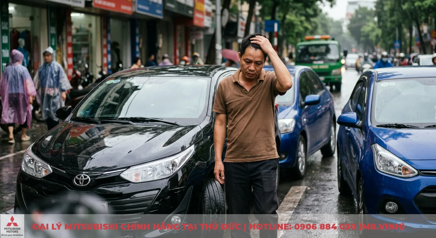 Sinh năm 1987 mua xe màu gì hợp phong thủy, vượng tài lộc? 2 Màu tương khắc cho Đinh Mão 1987 như đen, xanh dương dễ gặp sự cố khi di chuyển, thể hiện qua người đàn ông lo lắng giữa dòng xe