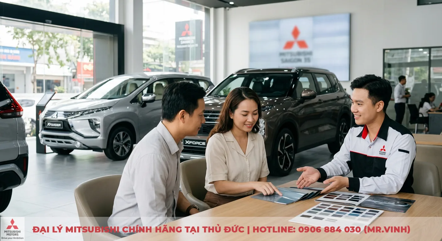 Sinh năm 2000 mua xe màu gì hợp mệnh Kim, mang lại may mắn? 3 Lời khuyên chọn màu xe Mitsubishi Saigon 3S nhấn mạnh cân nhắc sở thích, thẩm mỹ, với tư vấn viên trình bày bảng màu tại showroom