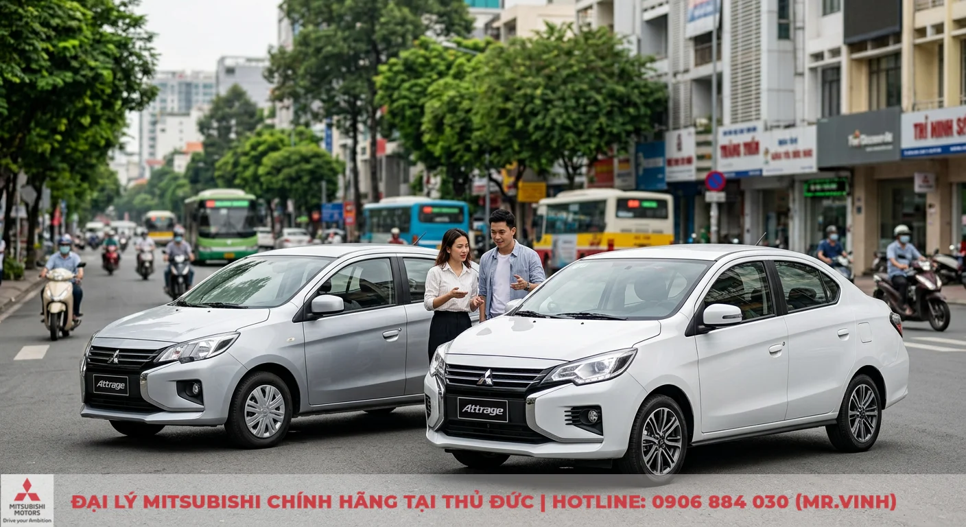 So sánh các phiên bản Mitsubishi Attrage: Chi tiết thông số, giá & ưu nhược điểm 1 Mitsubishi Attrage, lựa chọn tối ưu cho đô thị, với hai mẫu sedan màu bạc và trắng trên đường phố đông đúc