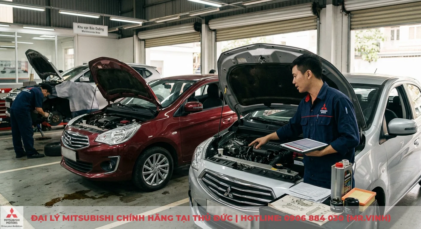 So sánh các phiên bản Mitsubishi Attrage: Chi tiết thông số, giá & ưu nhược điểm 2 Chi phí bảo dưỡng và vận hành Attrage dài hạn cần được xem xét kỹ lưỡng, thể hiện qua kỹ thuật viên kiểm tra xe và vật tư bảo dưỡng.