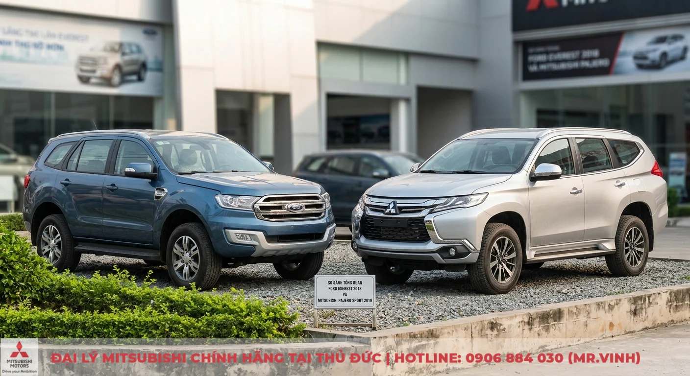 So sánh Ford Everest và Mitsubishi Pajero Sport: Chọn xe nào phù hợp? 1 So sánh tổng quan Ford Everest 2018 và Mitsubishi Pajero Sport 2018, hai SUV được trưng bày cạnh nhau với bảng thông tin